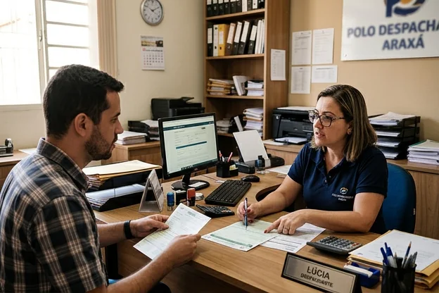 Profissional explicando a importância do licenciamento de veículo a um cliente em Araxá, em ambiente de despachante.